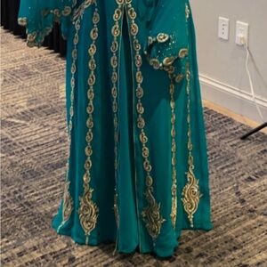 Elegant Teal and Gold Embellished Gown